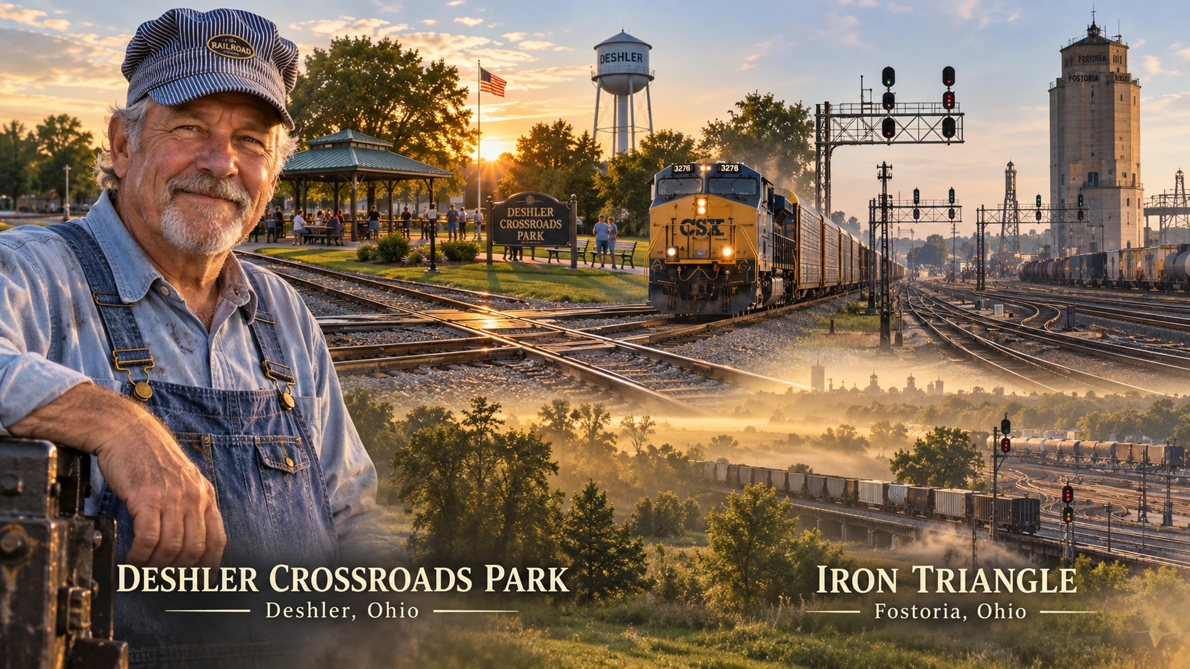 Railroad engineer with an artistic montage of Deshler Crossroads Park and Fostoria Iron Triangle