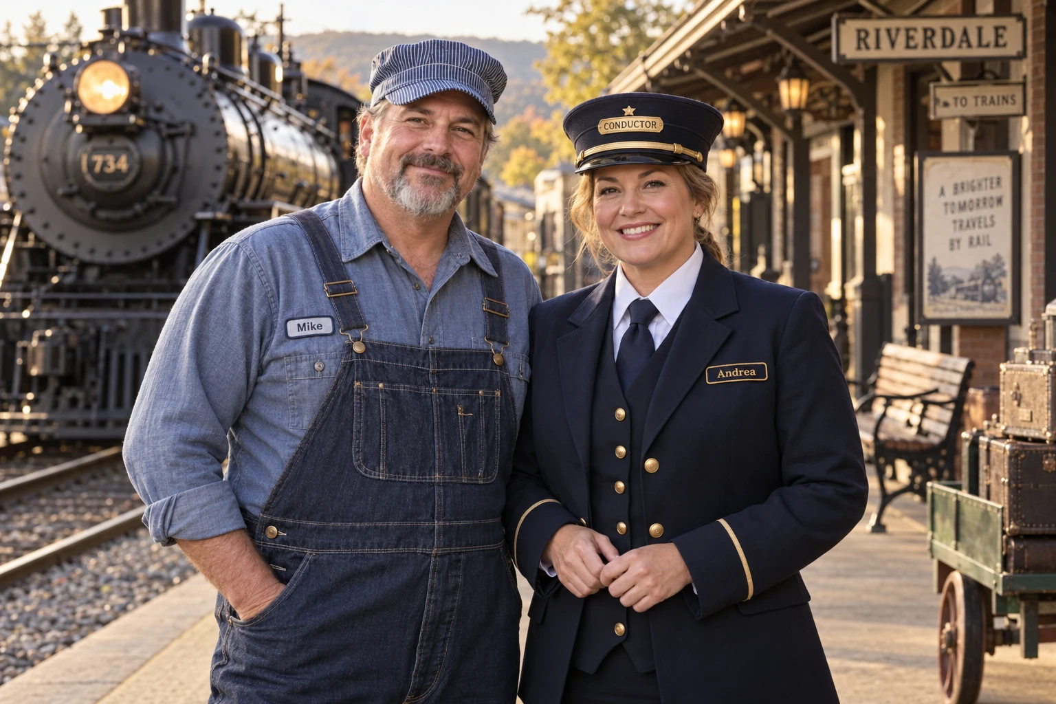 AI-created railroad portrait of an engineer and conductor wearing Mike and Andrea name badges